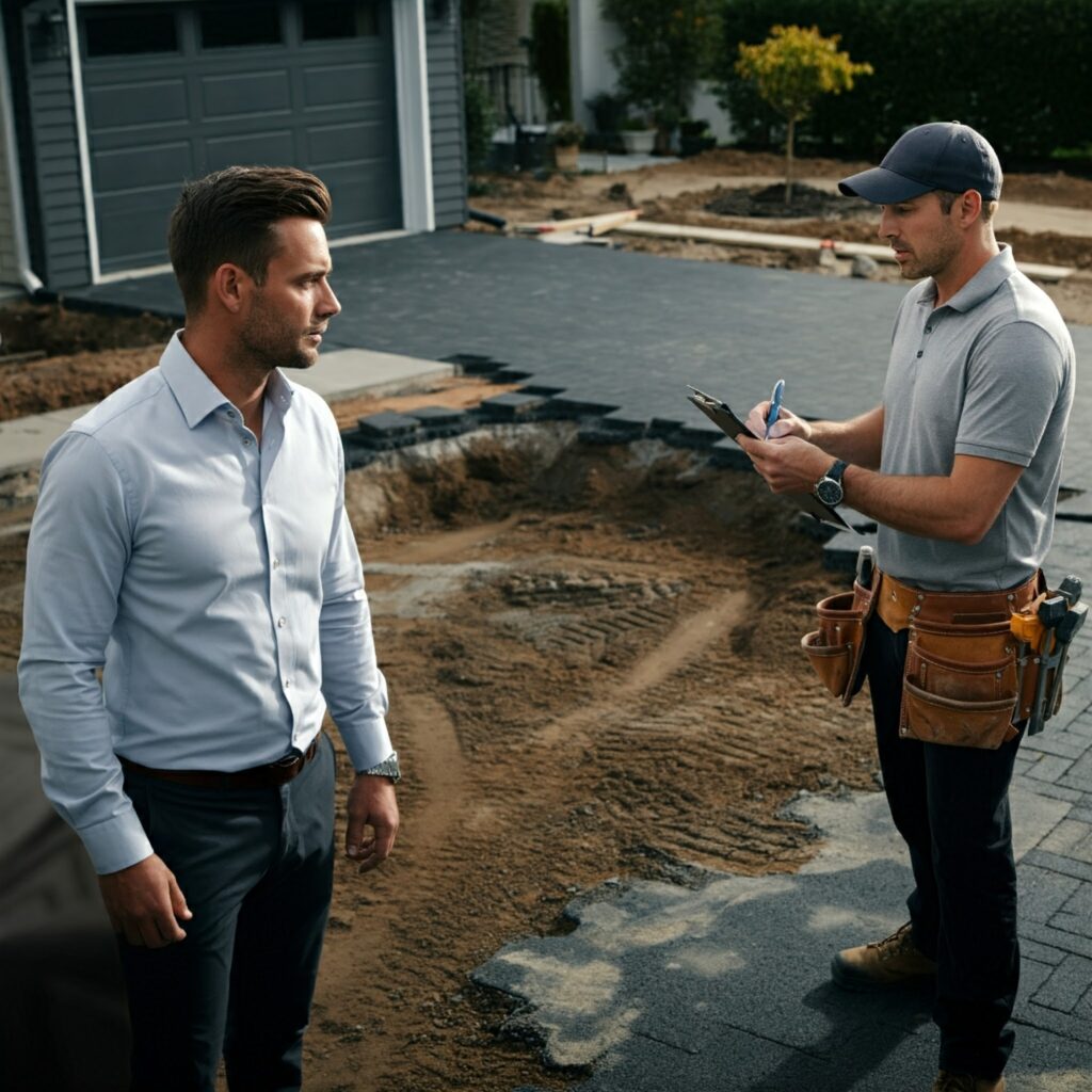 Client reviewing a quote for driveway removal and replacement with a construction contractor.