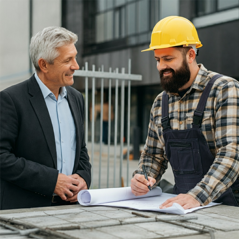 Client consulting with a contractor about the design and construction of concrete walkways for their property.