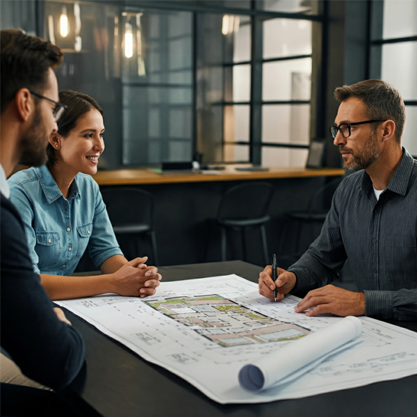 Client and contractor reviewing blueprints and discussing plans for a building construction project in a modern office.