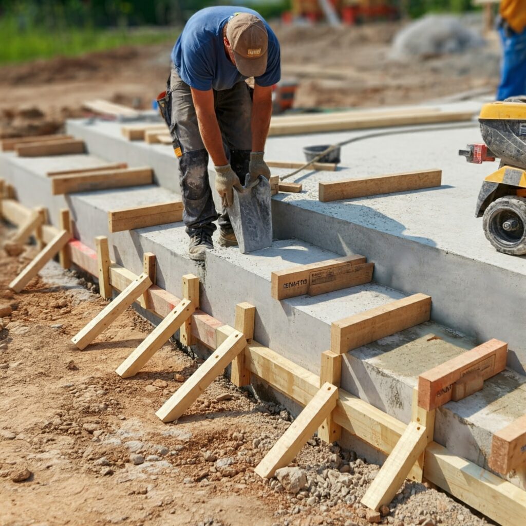 Skilled contractor constructing formwork for concrete steps using high-quality lumber and precise techniques.