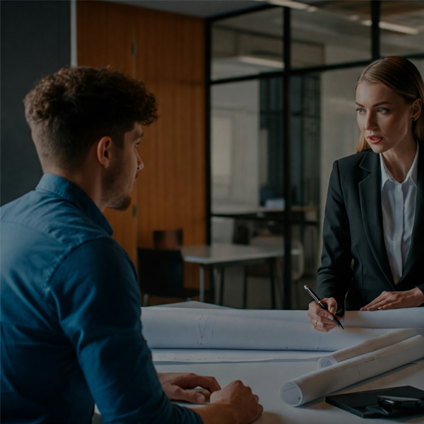 Client and contractor engaged in a consultation, discussing construction plans and project details in a modern office setting.