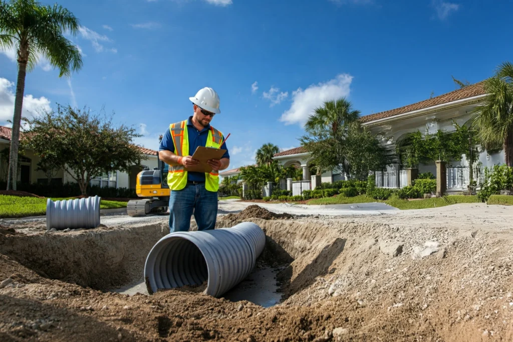Culvert Solutions 1 Contractor expertly installing a culvert in an upscale Florida neighborhood, ensuring proper drainage and erosion control.