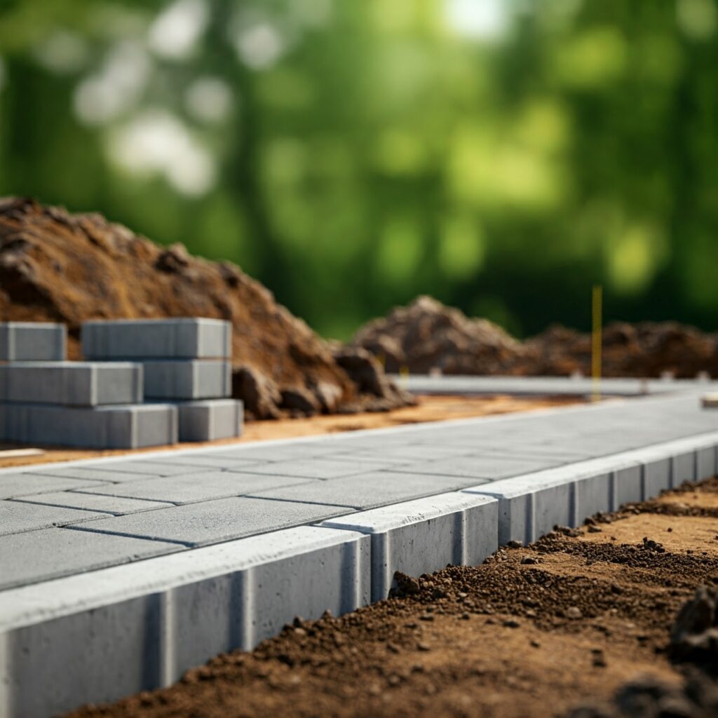 Smooth, finished concrete sidewalks winding through a residential neighborhood