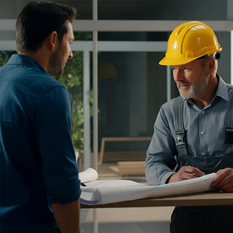 Client and contractor reviewing blueprints and discussing plans for a concrete patio construction project.