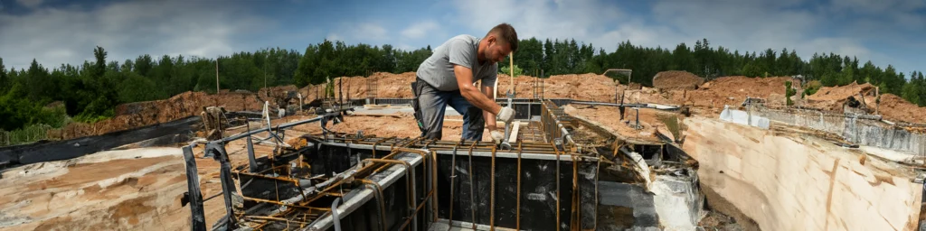 Contractor diligently assembling wooden formwork and reinforcing it with steel rebar for a concrete foundation project.