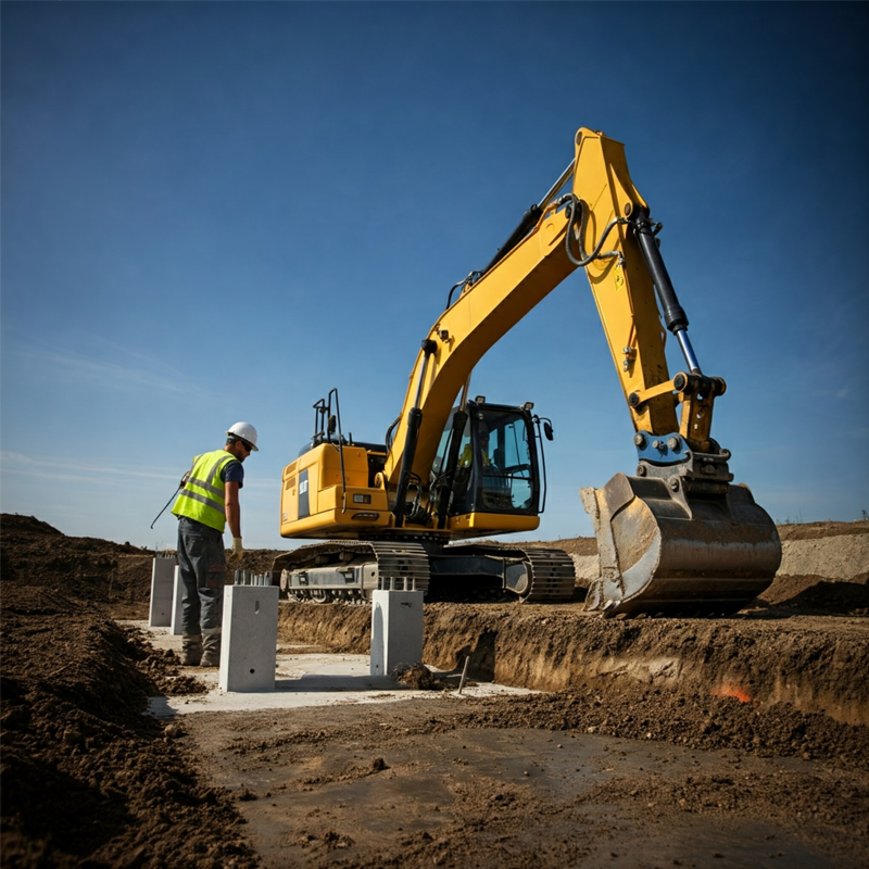 Contractor operating an excavator to prepare the site and excavate for concrete footing construction.