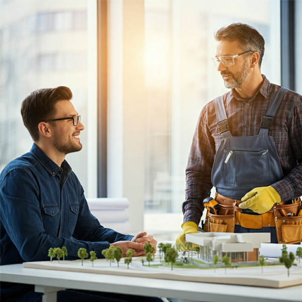 Client and contractor smiling while reviewing blueprints and discussing a construction projec