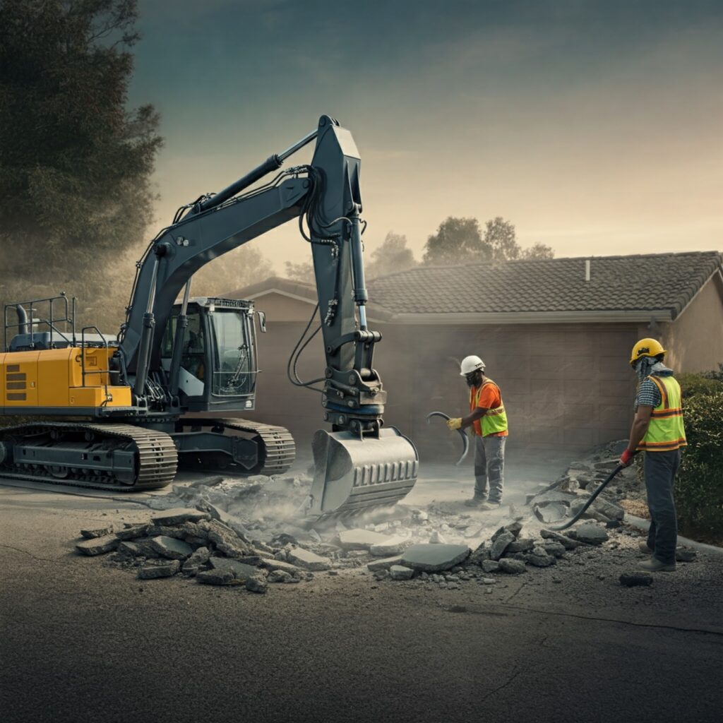 Construction crew performing driveway removal with specialized equipment, demonstrating safe and efficient demolition techniques.