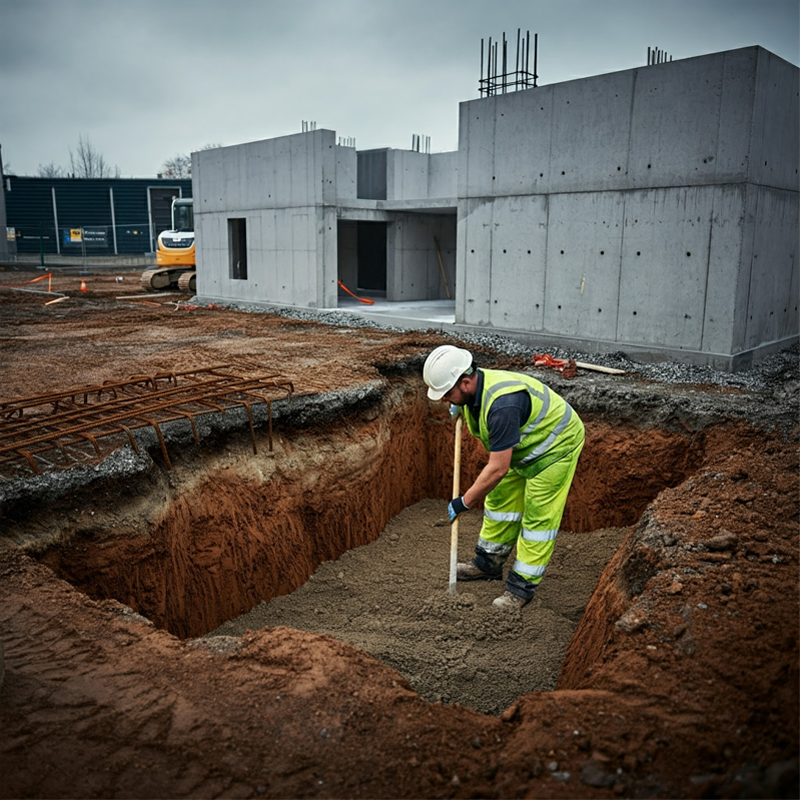 Construction worker using excavation equipment to prepare the ground for concrete walkway construction.