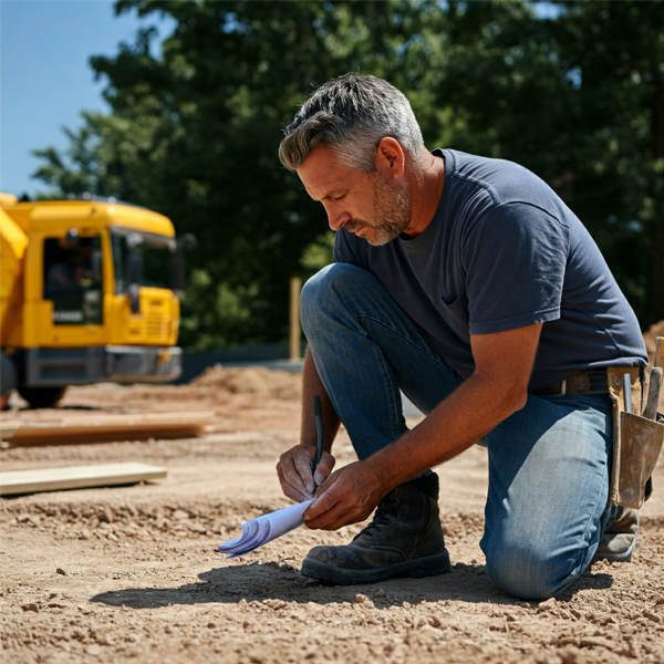 Experienced contractor conducting a thorough on-site evaluation of a construction site, examining the terrain and taking measurements.