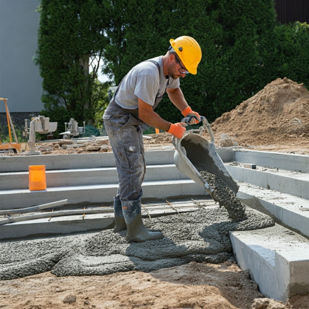 Contractor carefully pouring concrete into formwork to create sturdy and well-formed steps.