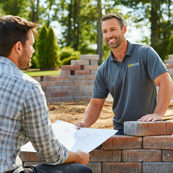 Contractor presenting a detailed design and proposal for a brick paver retaining wall to a client, highlighting the project's aesthetics and functionality.