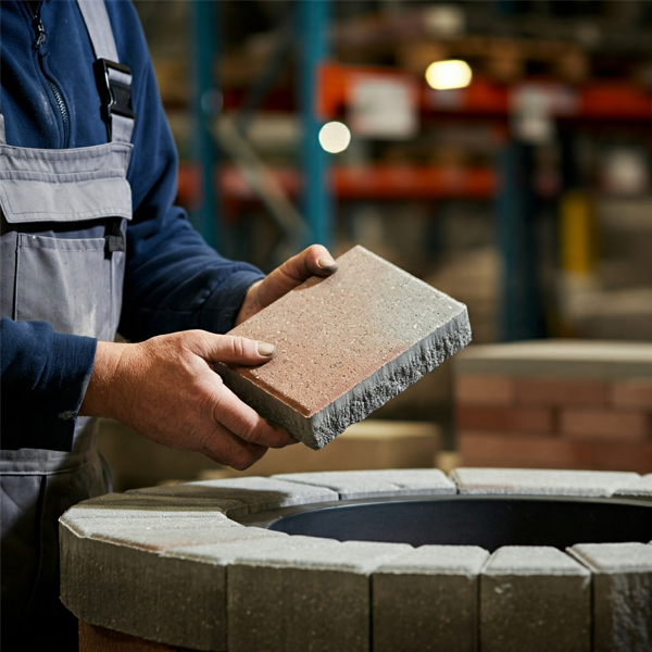 Contractor carefully inspecting bricks and pavers in a hardware warehouse, choosing the perfect materials for a brick paver firepit.