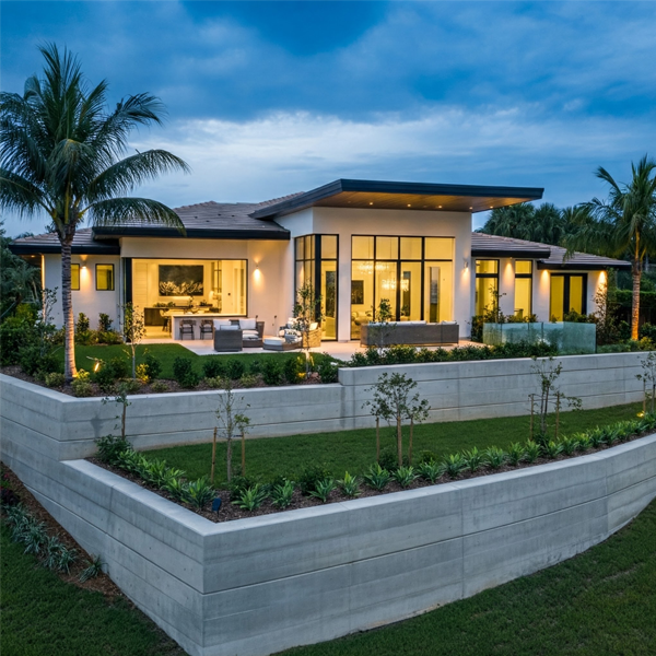 Modern concrete retaining walls enhancing the landscape of a luxury home in Florida, with palm trees and lush greenery.