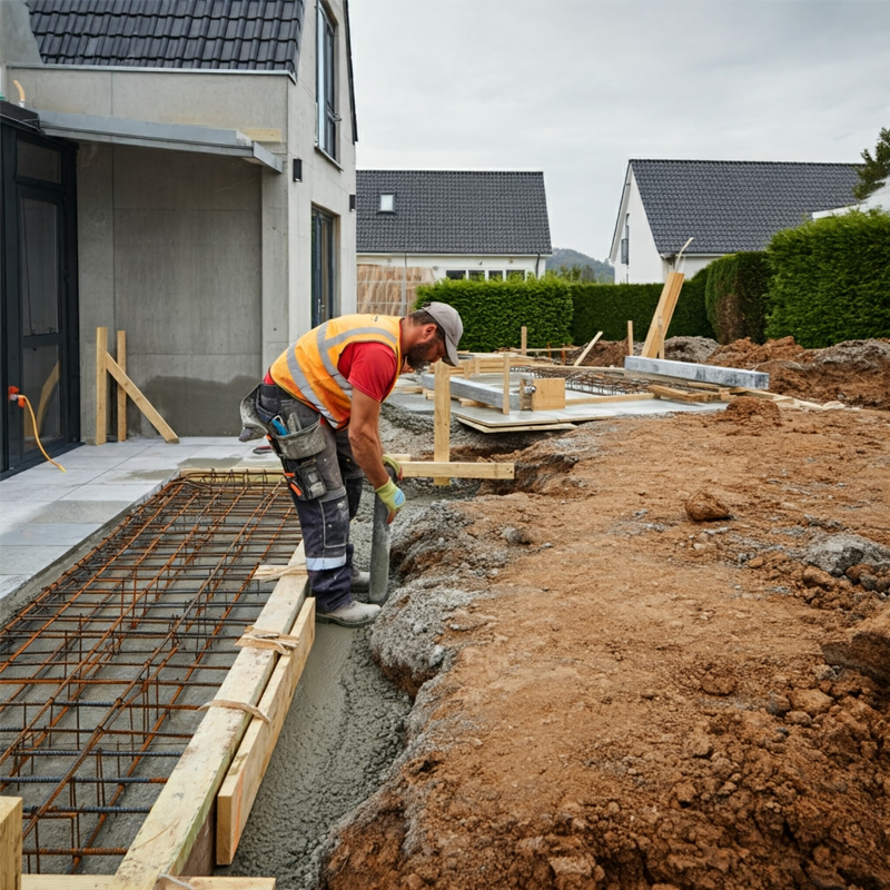 Contractor preparing a construction site for a concrete patio, with tools and materials in the background.