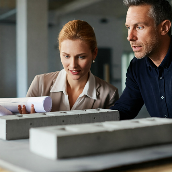 Client and contractor reviewing a 3D model of concrete structural slabs, discussing design and engineering details.