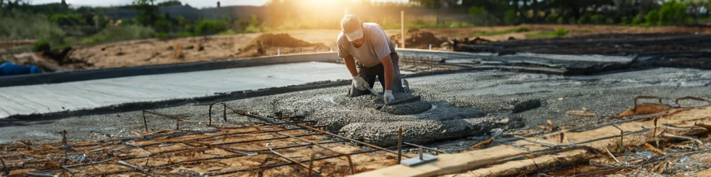 Contractor skillfully placing and finishing concrete for a strong and level foundation.