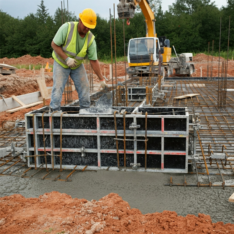 Contractor meticulously constructing formwork for concrete footings, ensuring precise dimensions and structural integrity.