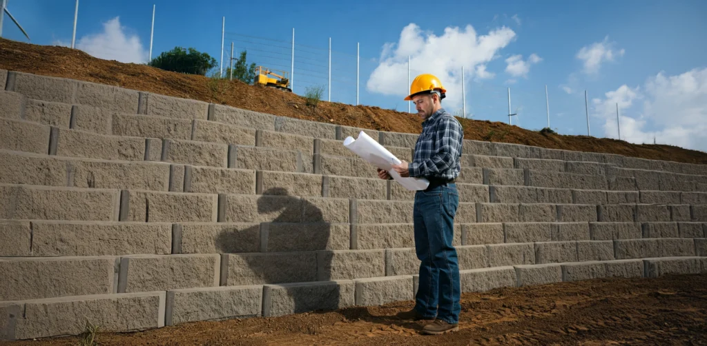 Contractor reviewing blueprints and performing calculations for a retaining wall construction project.