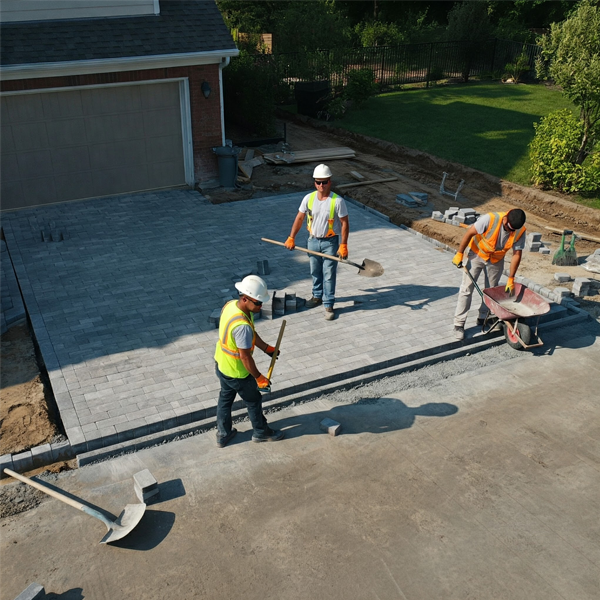 A contractor and his crew perform site preparation for a brick paver driveway extension, using shovels and wheelbarrows.