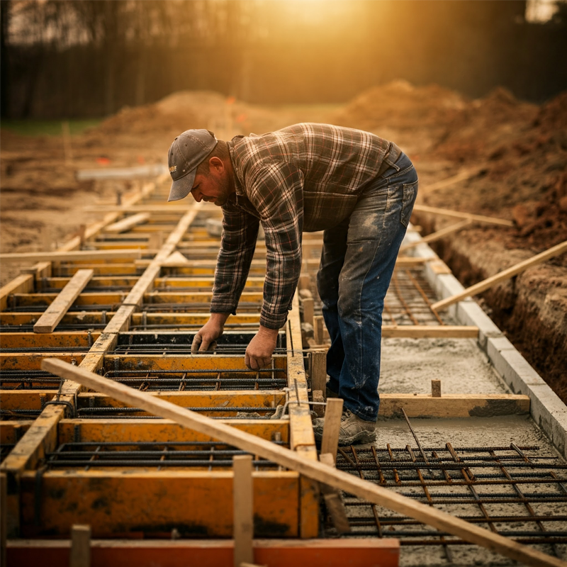 A contractor in a plaid shirt and jeans carefully assembling the formwork for a concrete walkway.