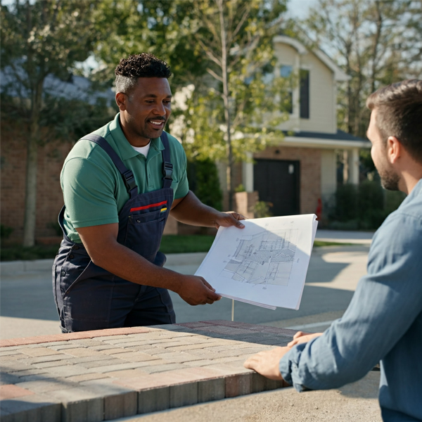 Friendly contractor presenting a design and proposal for a brick paver sidewalk to a smiling client.