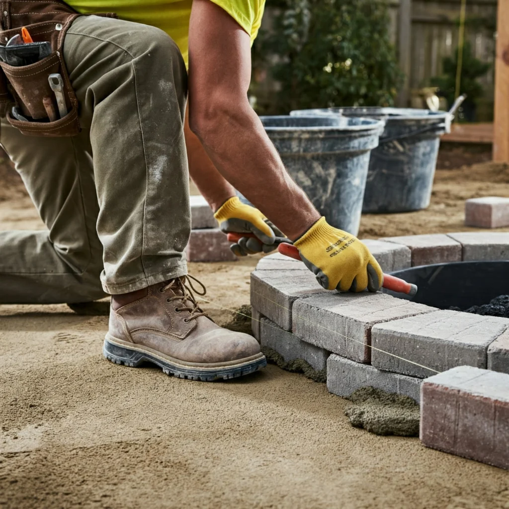 Contractor skillfully laying bricks to construct a beautiful and functional brick paver firepit.