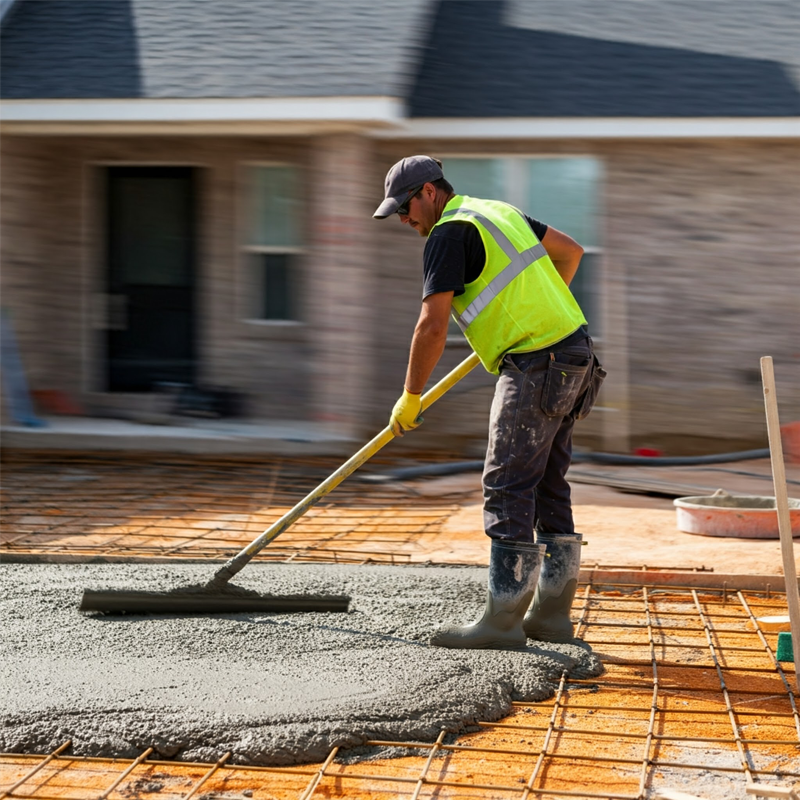 Contractor expertly spreading and leveling concrete for a construction project, ensuring a smooth and even surface.