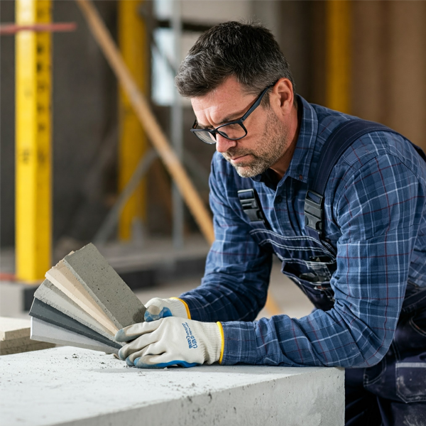 Contractor carefully inspecting the quality of concrete materials for a structural slab construction project.