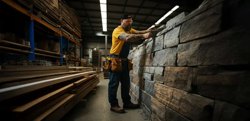 Contractor carefully selecting materials for a retaining wall project in a well-stocked building supply store.