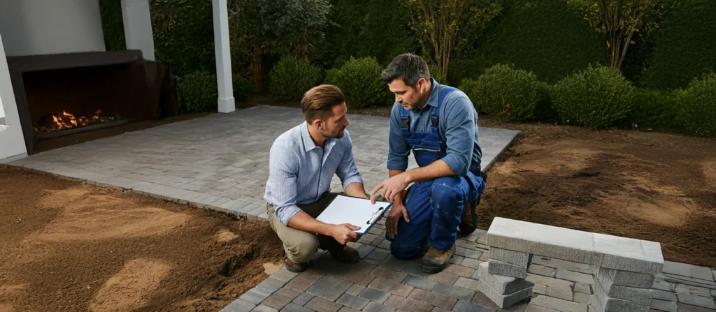 A contractor explaining a brick paver patio design to a customer.