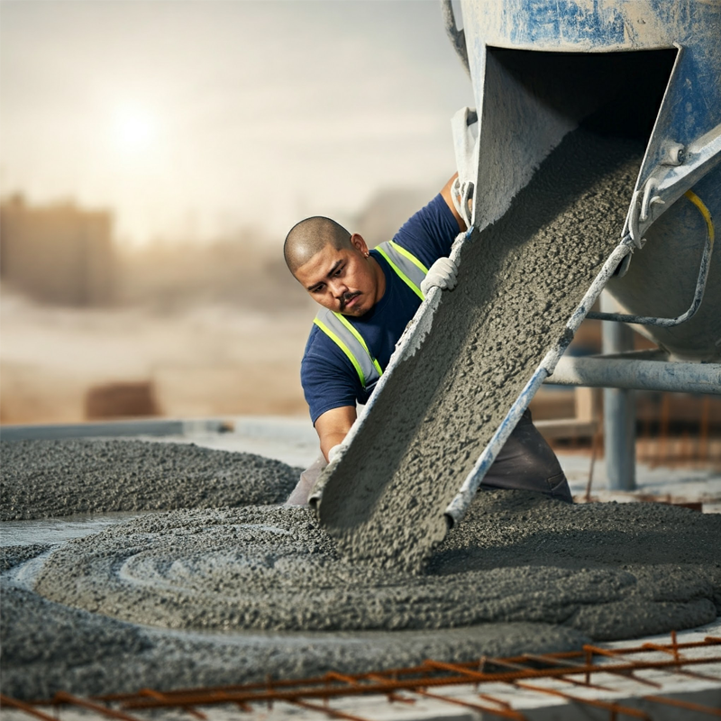 A contractor pouring concrete from a wheelbarrow into a construction site.