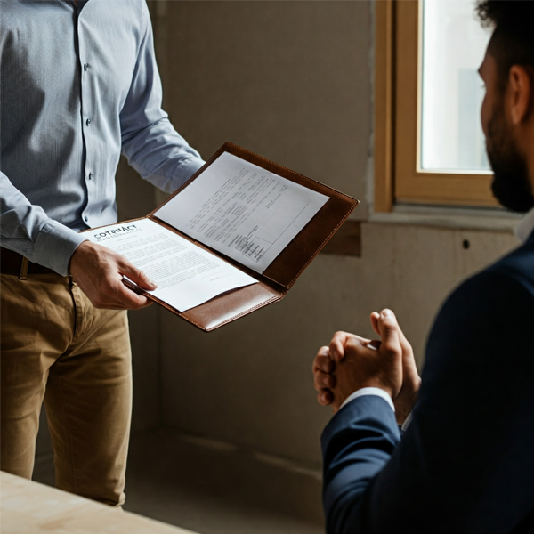 Contractor presenting a contract and permits to a client, signifying the approval to start a construction project.