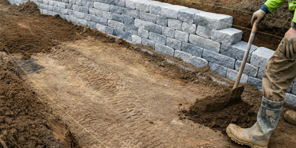 Contractor excavating and preparing the site base for a cobblestone retaining wall, ensuring a solid foundation.