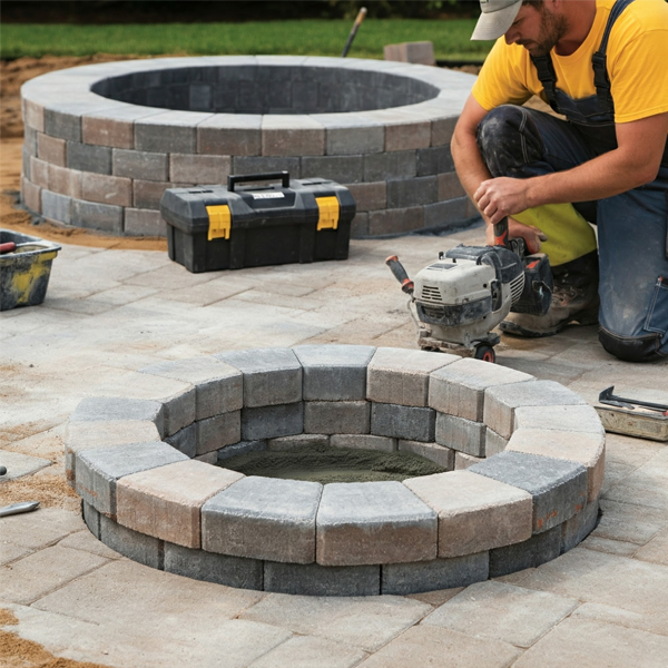 Contractor putting the finishing touches on a newly built brick paver firepit, ensuring a safe and aesthetically pleasing design.