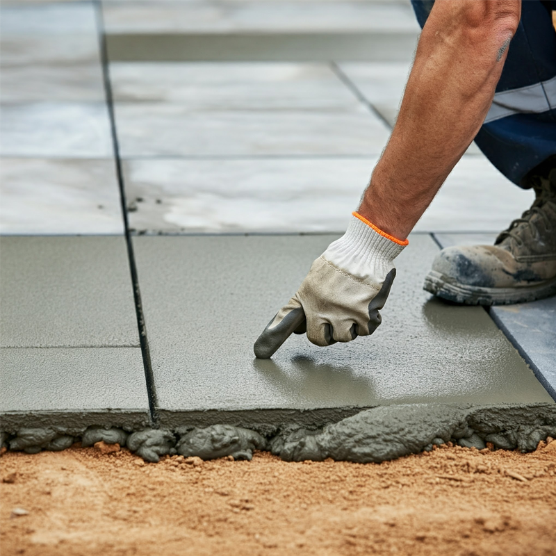 Experienced contractor checking the surface of a new concrete patio for smoothness and proper curing.