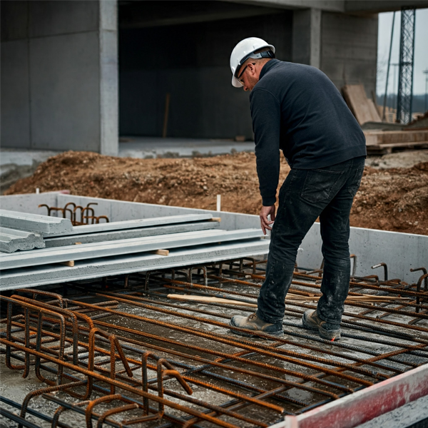 Construction foreman carefully inspecting the quality of materials, including rebar and concrete, for a structural slab project.