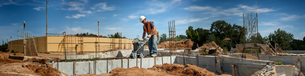 Contractor carefully removing formwork and applying curing compound to a newly poured concrete foundation.