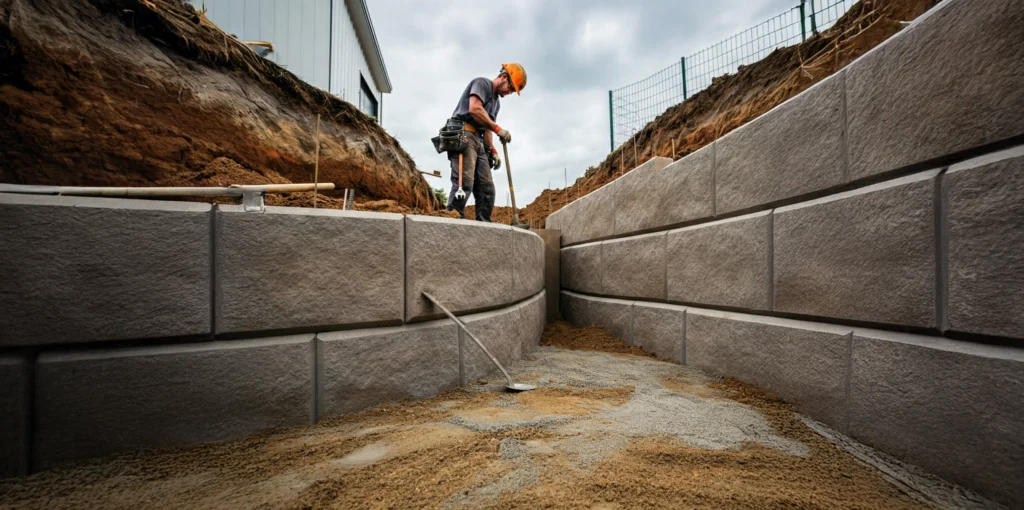 Contractor excavating and preparing the foundation for a retaining wall construction project.