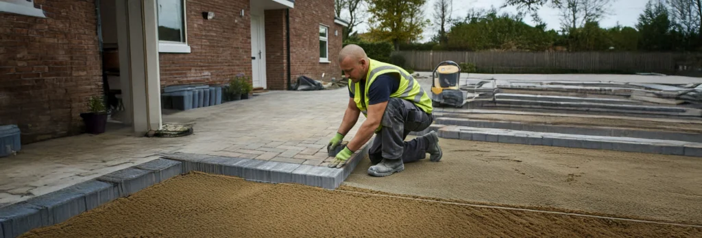 Contractor installing edge restraints and leveling sand for a brick paver driveway, ensuring a stable and long-lasting foundation.