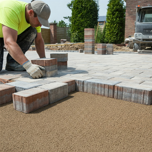 A contractor carefully lays brick pavers for a driveway extension, creating a visually appealing pattern.