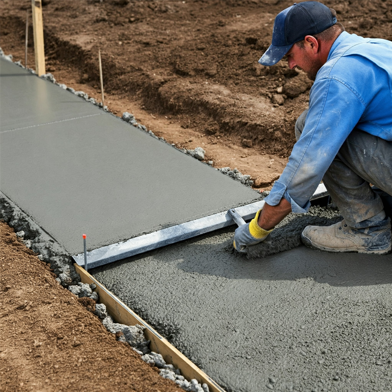 A contractor carefully smoothing the surface of a newly poured concrete walkway, ensuring a flawless finish.