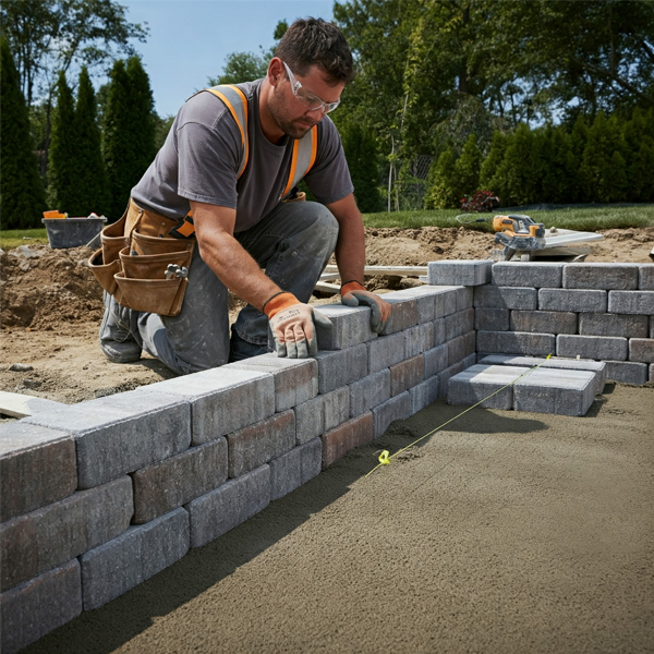 Contractor skillfully building a brick paver retaining wall, ensuring precise placement and structural integrity