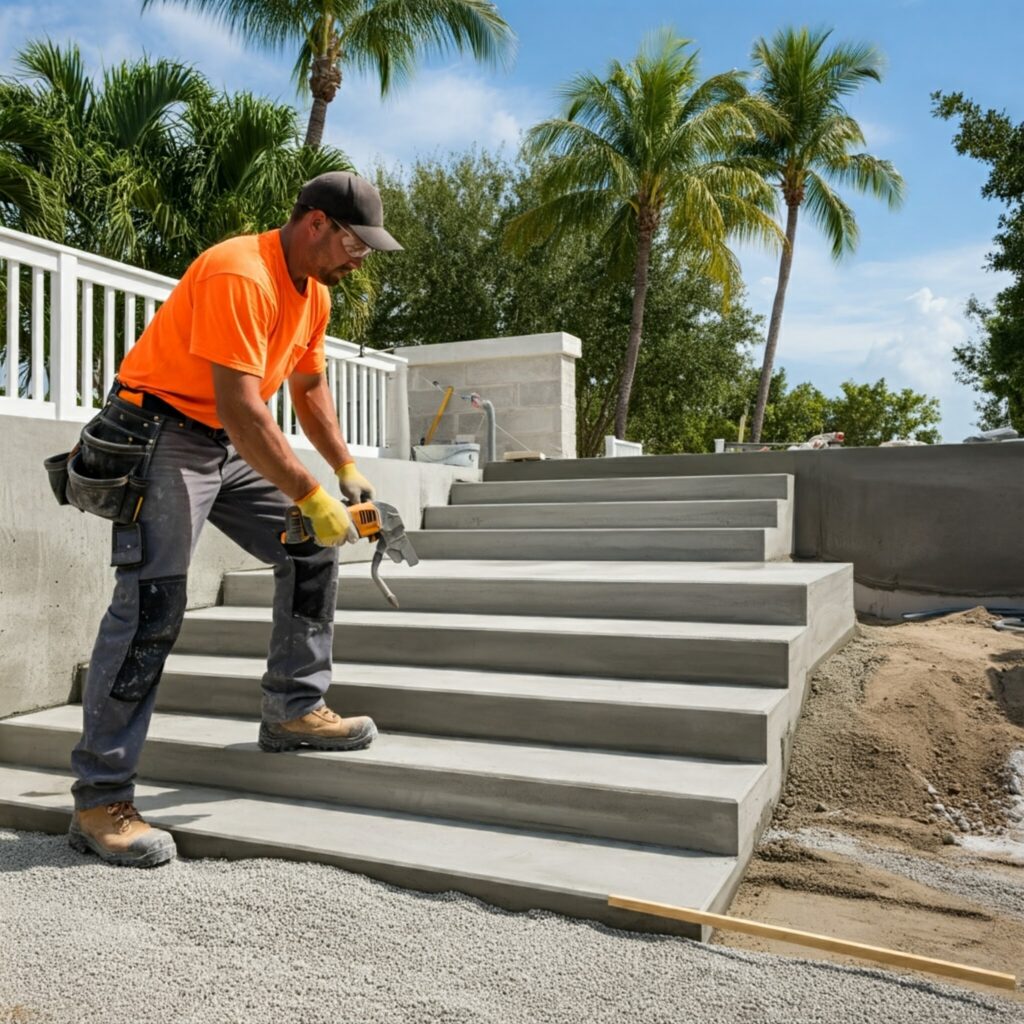 Contractor expertly installing precast concrete steps with a polished finish at a luxury Florida home