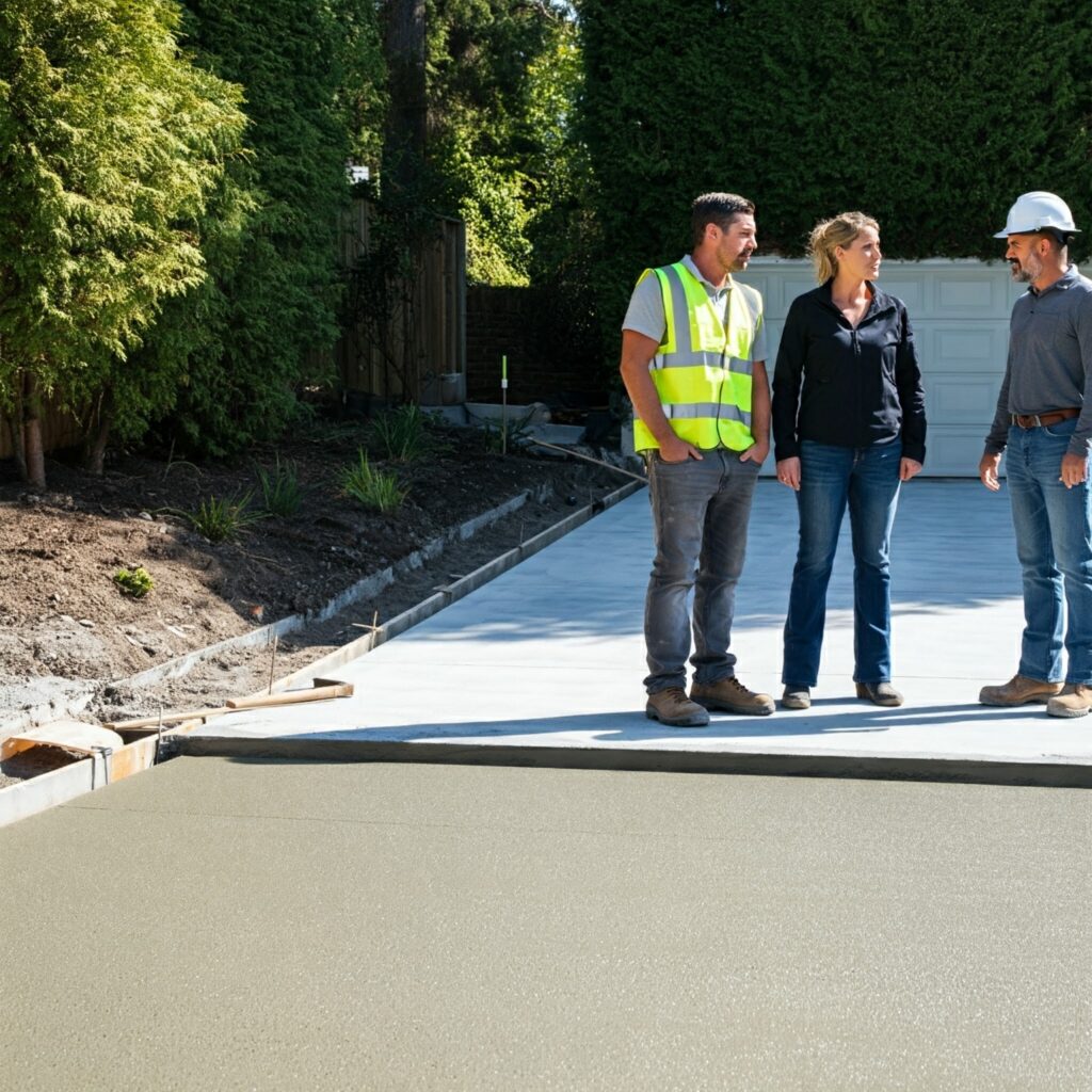 Client and contractor standing proudly beside a newly finished, smooth concrete driveway