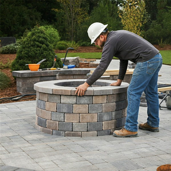 Contractor meticulously inspecting and adding finishing touches to a brick paver firepit, ensuring quality and safety.