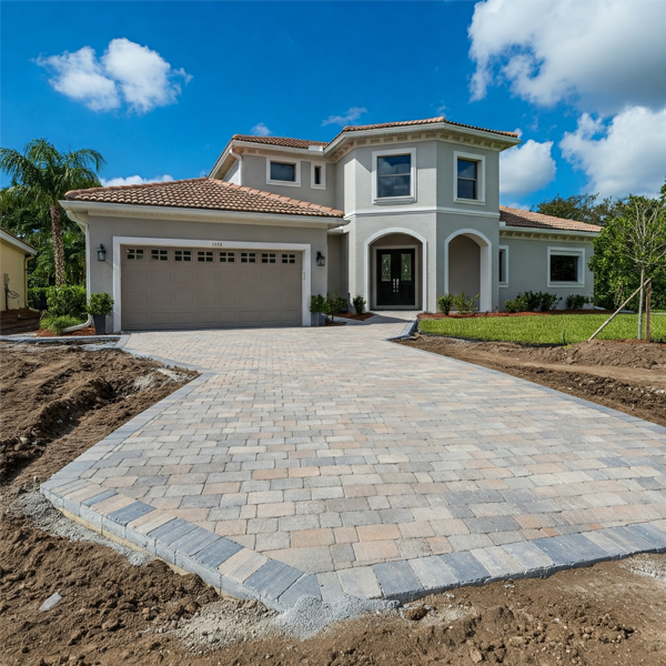 A luxury Florida home with a seamless brick paver driveway extension.