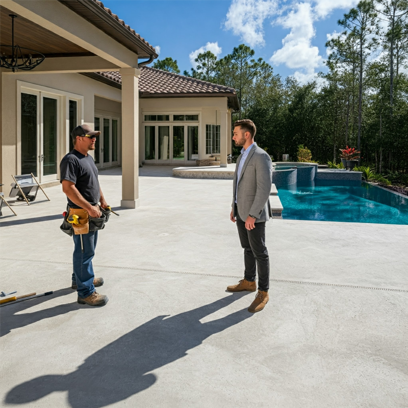 Contractor and client admiring a newly finished concrete patio in the backyard of a luxury Florida home.