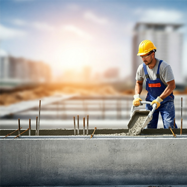 Contractor carefully mixing and pouring concrete to form a structural slab, ensuring proper consistency and placement.