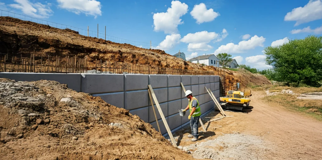 Contractor skillfully constructing a concrete retaining wall, ensuring proper alignment and structural integrity.